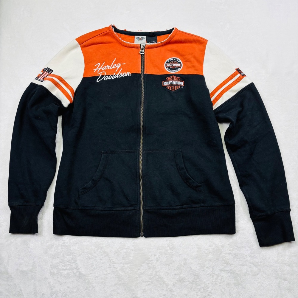 Harley-Davidson Womens Full Zip Colorblock Fleece Sweatshirt Orange Black Large